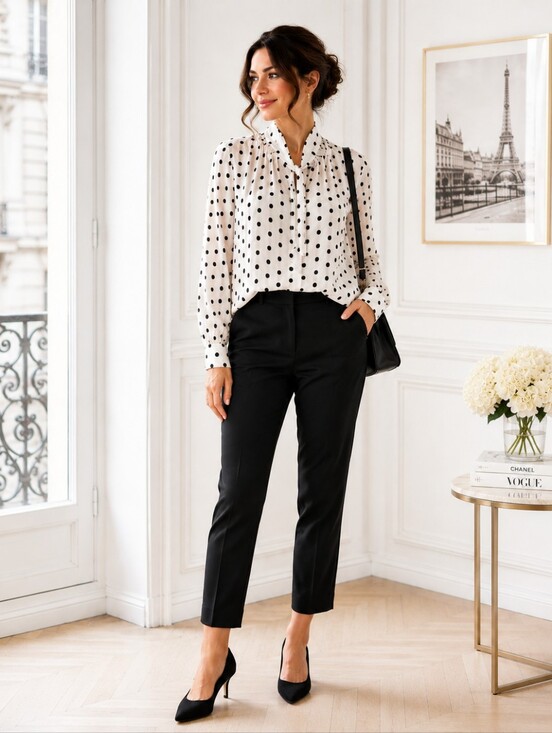 Acevog Tops - Black & White Polka Dot Tie Neck Long Sleeve Blouse | SizeXL | Parisian Chic